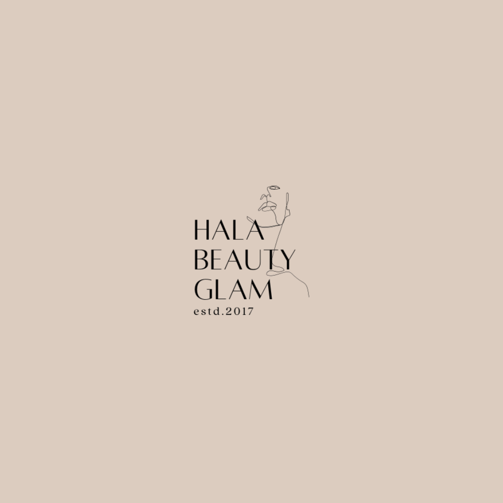 Minimalist logo for HALA Beauty Glam with a line drawing of a woman's face and the text 'est. 2017' on a beige background.