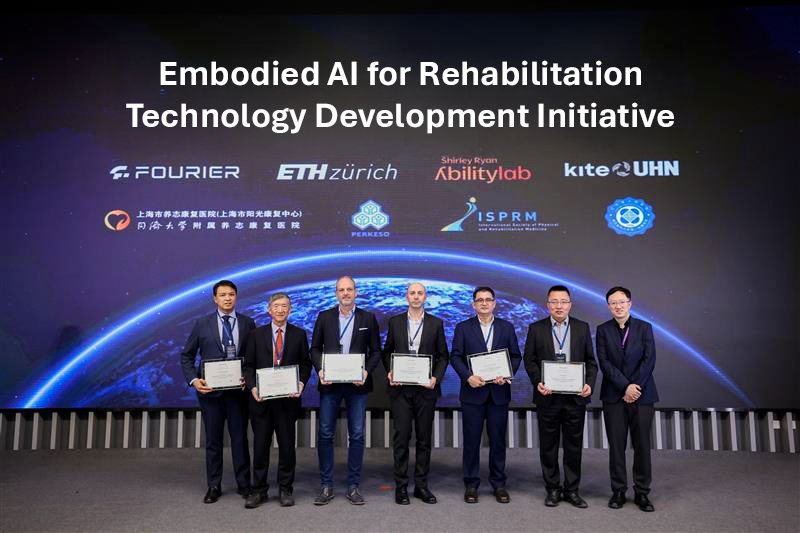 Group of seven men standing on stage holding certificates at the Embodied AI for Rehabilitation Technology Development Initiative event, with a large screen displaying various logos and a global Earth image in the background.