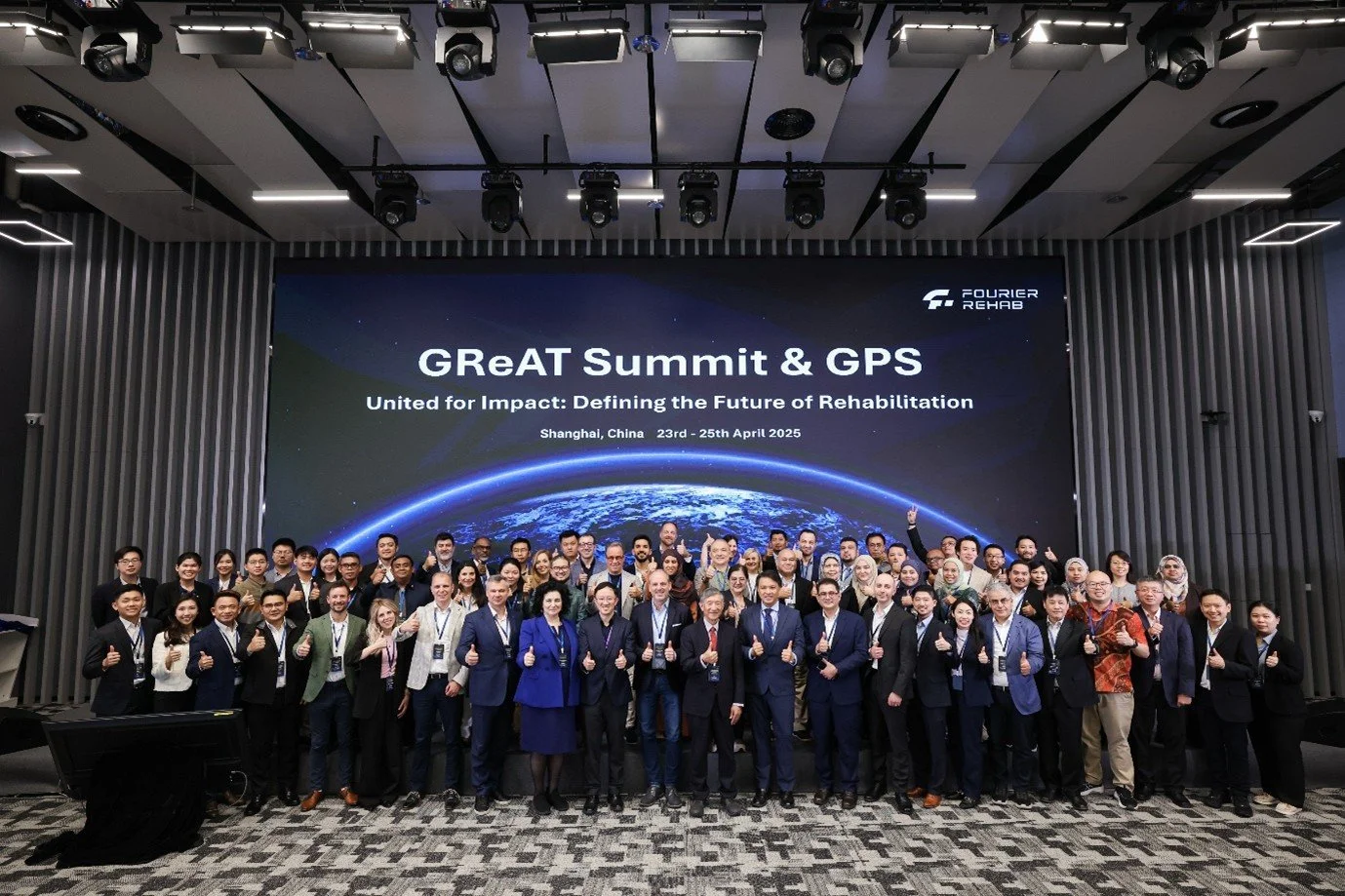 Group of diverse professionals attending the GReAT Summit & GPS conference in Shanghai, China, April 23-25, 2025, standing on stage in front of a large screen with the event title and theme.