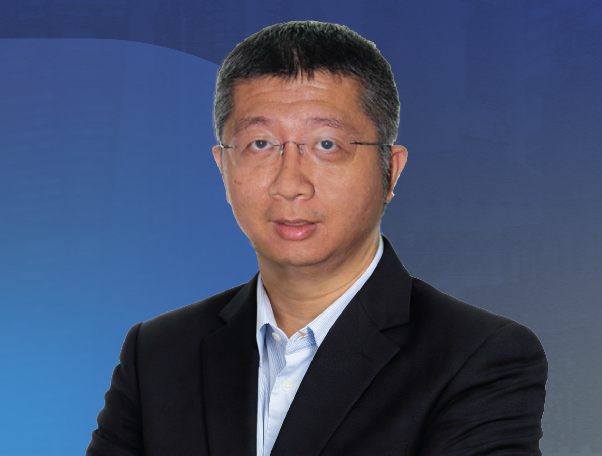 Portrait of Assoc Prof Loh Yong Joo from Tan Tock Seng Hospital with dark hair, glasses, wearing a black suit and white shirt, against a blue background.