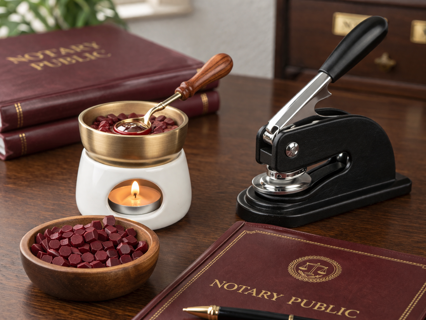A notary public's desk with a notarization stamp, a notary public book, a pen, and various stationery items, including a bowl of red wax beads and a burner with wax beads, and a glowing candle.