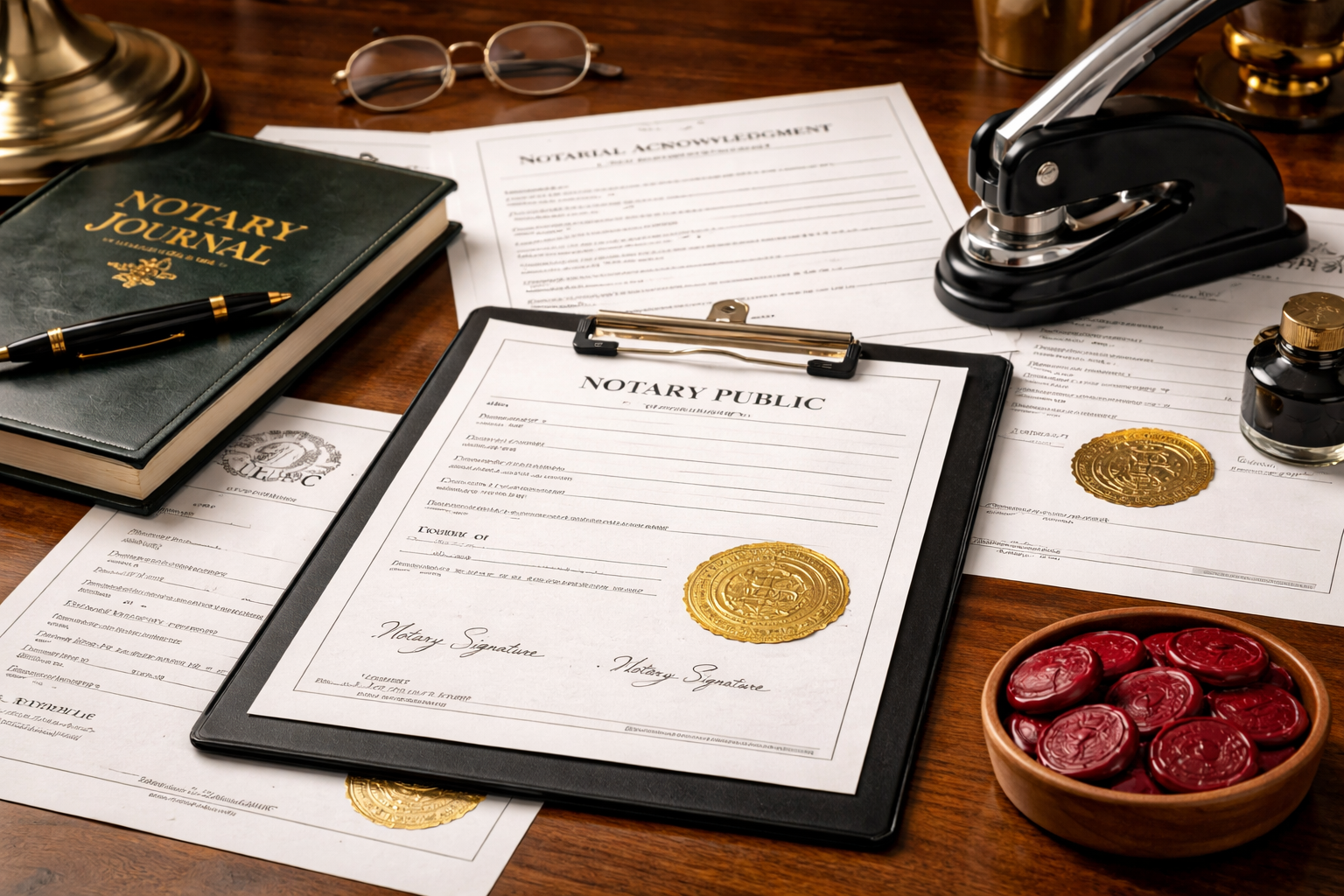 Legal documents and sealing waxes on a wooden table, including notary journal, notarized documents, a stamp, a fountain pen, magnifying glasses, an ink bottle, and a bowl of red wax seals.