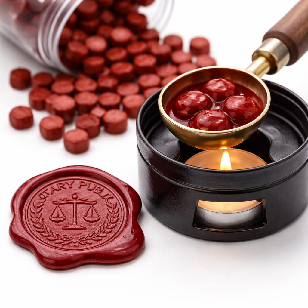 A wax seal stamped with 'District of Columbia Public' and the scales of justice emblem, a jar spilled with small red pills, a scoop with red pills over a lit candle.