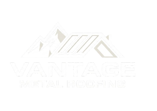 Logo for Vantage Metal Roofing with stylized mountain peaks and roofing panels.