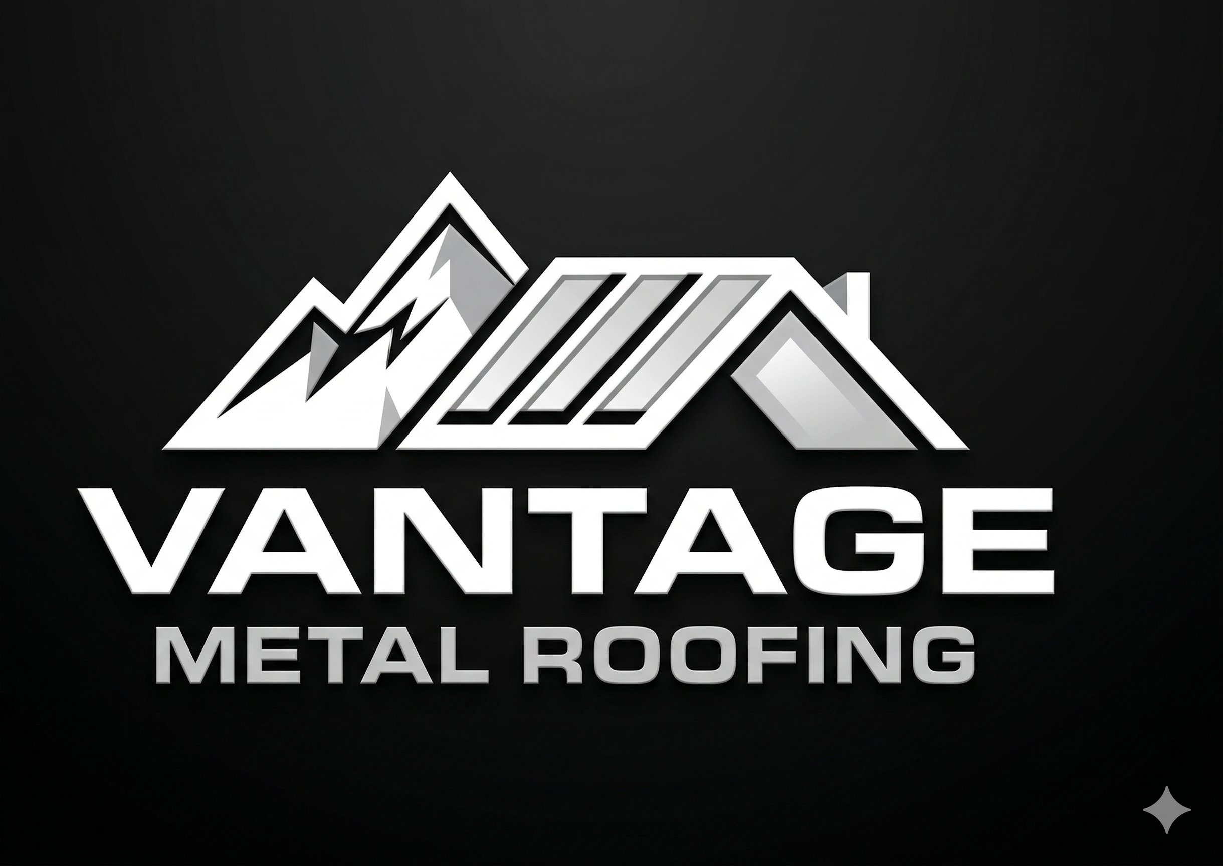 Logo for Vantage Metal Roofing featuring stylized white mountain peaks and metal roofing panels on a black background with the company name in bold white and gray text.