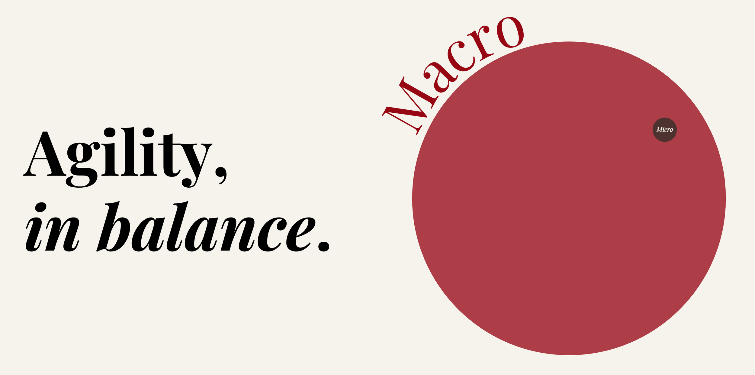 A graphic with the words 'Agility, in balance.' on the left, and a large red circle on the right with the label 'Micro' near the center, and 'Macro' curved along the top of the circle.