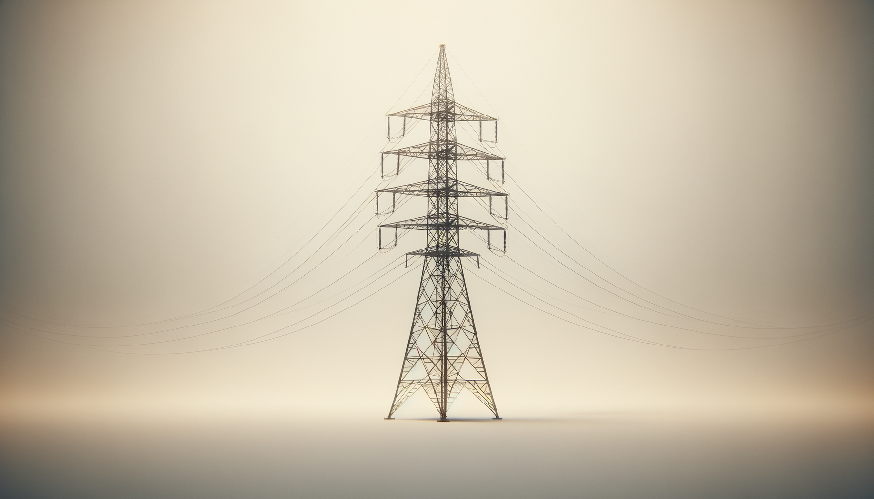 Electric transmission tower with power lines against a neutral background.