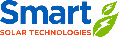 Logo for Smart Solar Technologies with blue text and green leaves