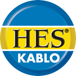 HES KABLO logo with blue background and yellow banner