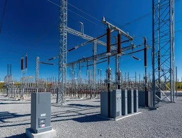 Electrical substation with transformers and power lines under a clear blue sky