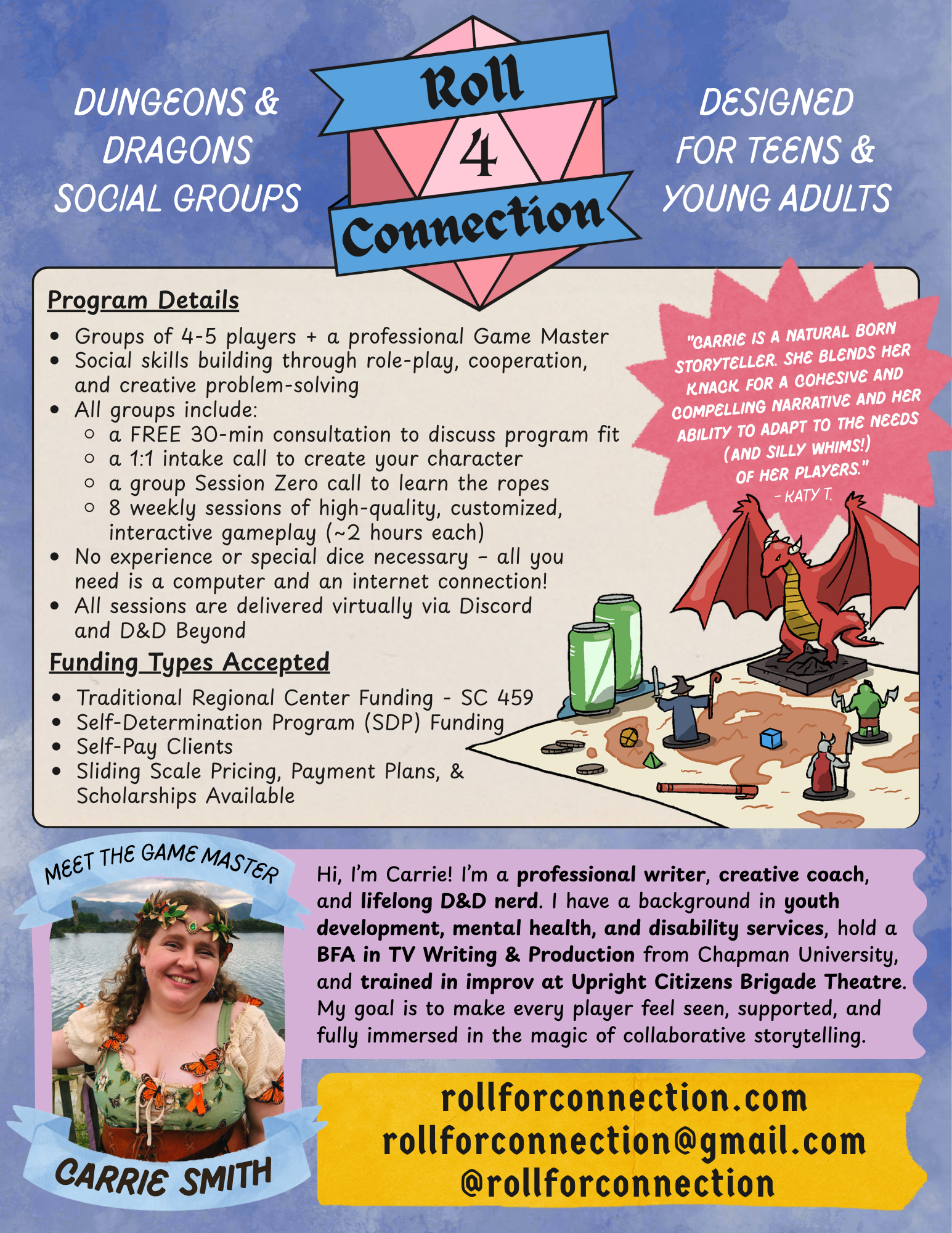 Flyer for Roll 4 Connection, a social program for teens and young adults featuring Dungeons & Dragons, with information about program details, funding, and introduction to game master Carrie Smith.