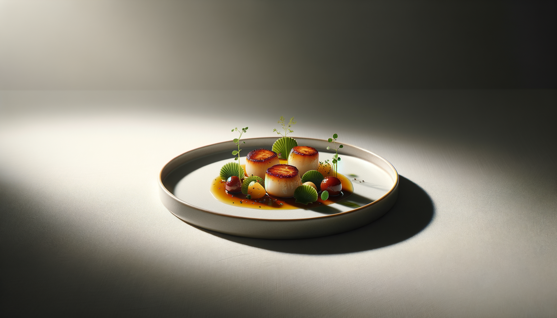 A white ceramic dish contains a dessert with three seared scallops, garnished with green herbs, small green leaves, and sauce droplets, with a subtle shadow on a textured light surface.