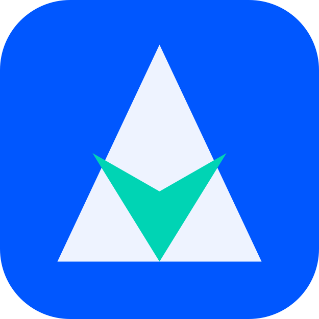 Blue app icon with white upward-pointing triangle and teal downward-pointing chevron inside.