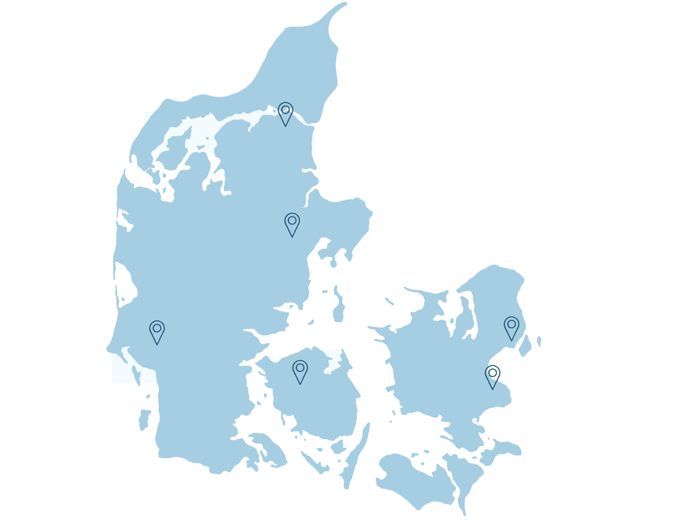 Kort over Danmark med markerede byer: Aalborg, Aarhus, Esbjerg, Odense, København og Køge.