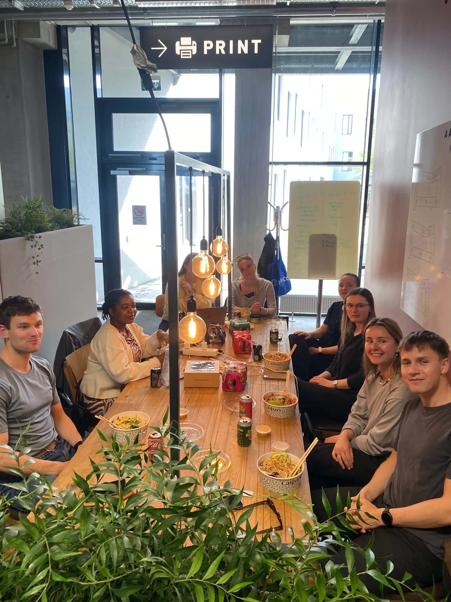 Billede af lokalbestyrelsen i Aalborg. En gruppe mennesker sidder rundt om et langbord indendørs og spiser. Der er planter foran i billedet og lamper hænger over bordet.