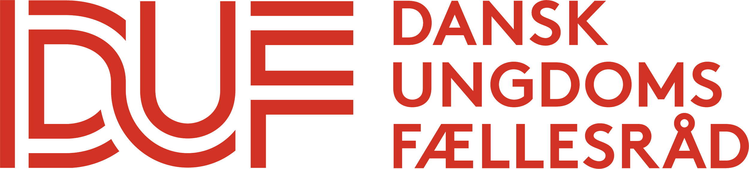 Logo af DUF - Dansk Ungdoms Fællessråd med rød tekst.