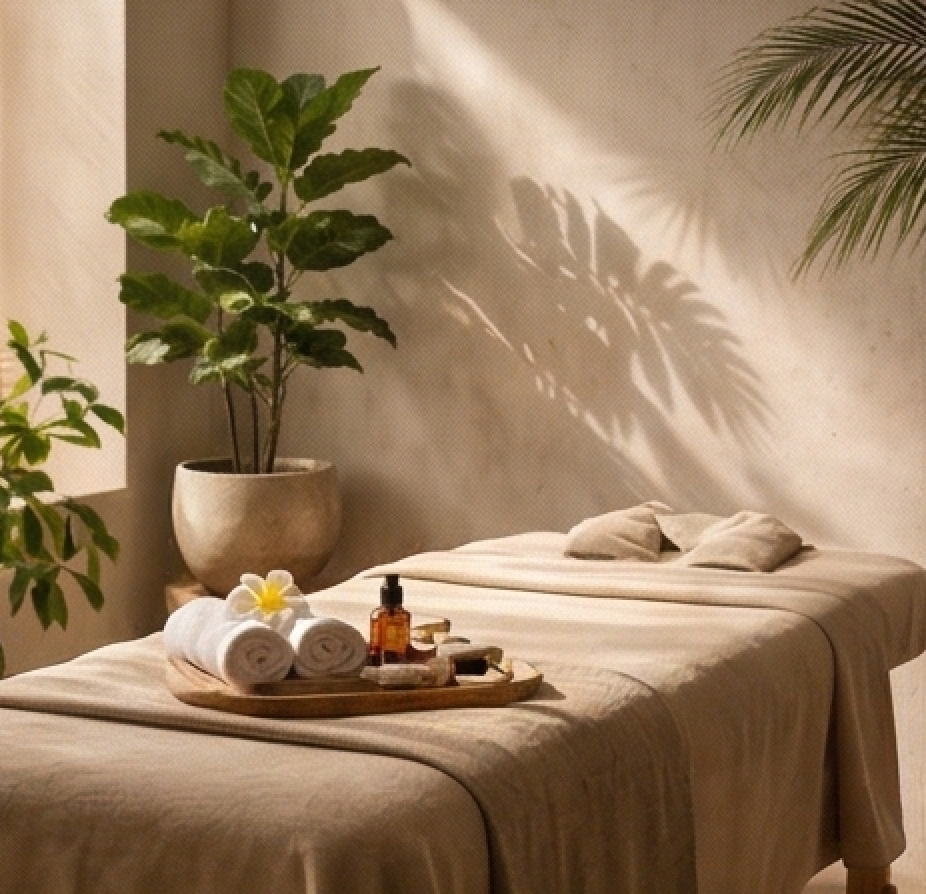 Luxurious massage table with rolled towels, essential oils, and a flower in a serene spa room with plants and soft lighting.