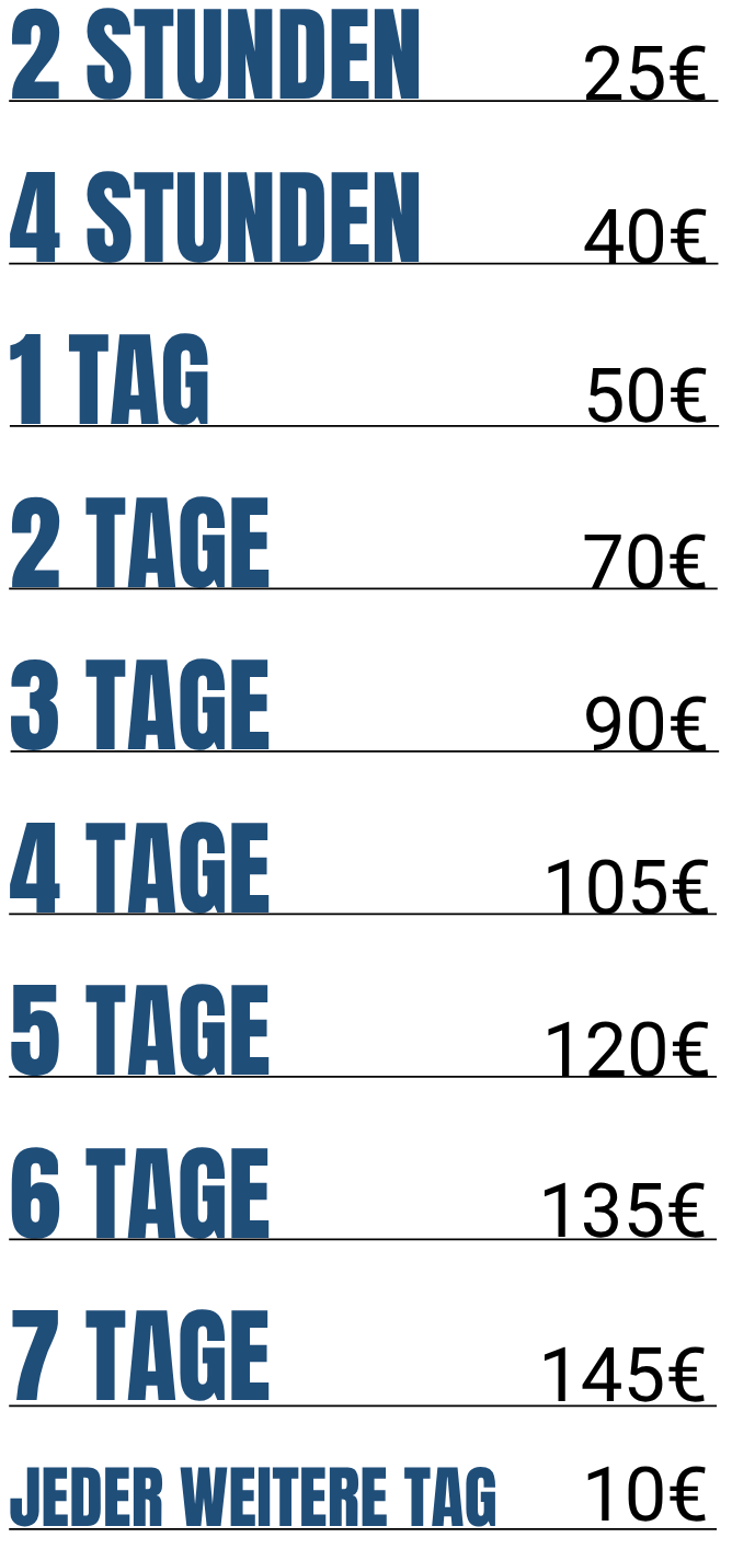 Auf dem Bild steht eine Aufzählung mit blauer Schrift auf schwarzem Hintergrund, die verschiedene Zeitintervalle in Stunden und Tagen auflistet, von 2 Stunden bis 7 Tage, sowie den Satz "Jeder weitere Tag".