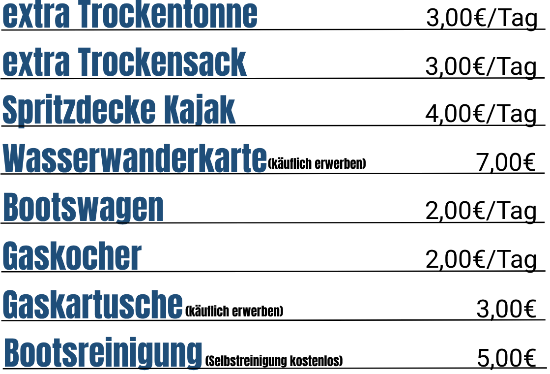Liste deutscher Wörter im blauen Text auf schwarzem Hintergrund, darunter Begriffe wie extra Trockentonne, extra Trockensack, Spritzdecke Kajak, Wasserwanderkarte, Bootswagen, Gaskocher, Gaskartusche, Bootreinigung.