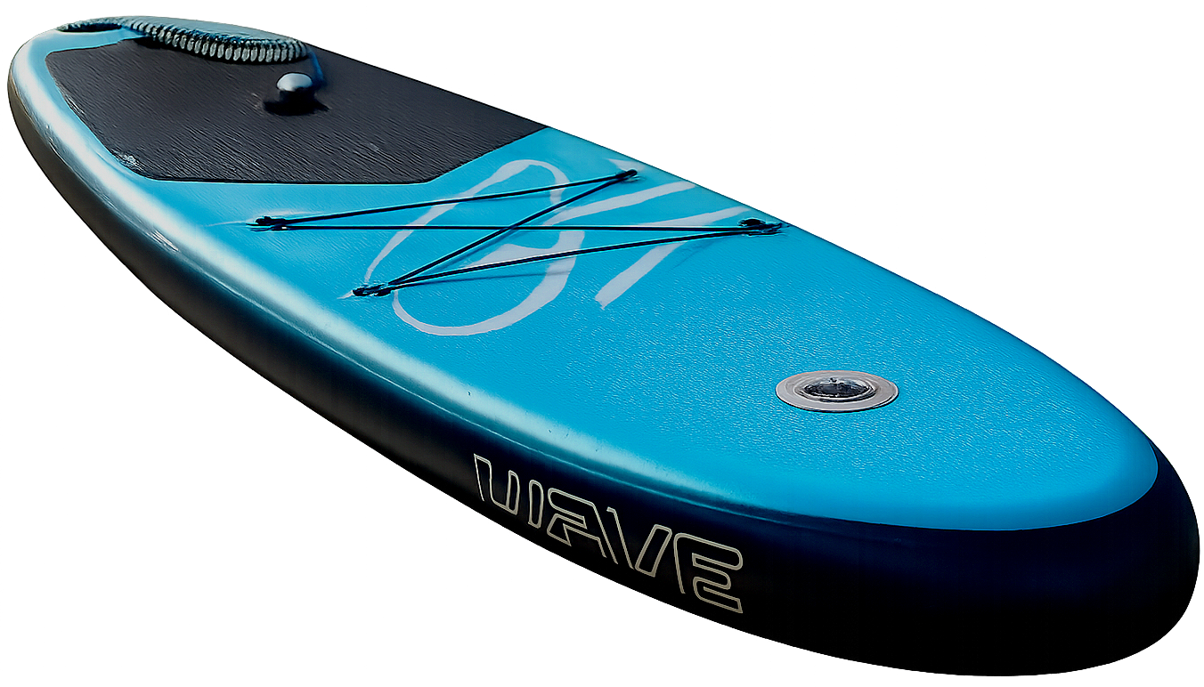 Ein blauer Stand-Up-Paddle-Board mit schwarzer Oberseite, Tragegriff, Elastiknetz und Rundeinlass