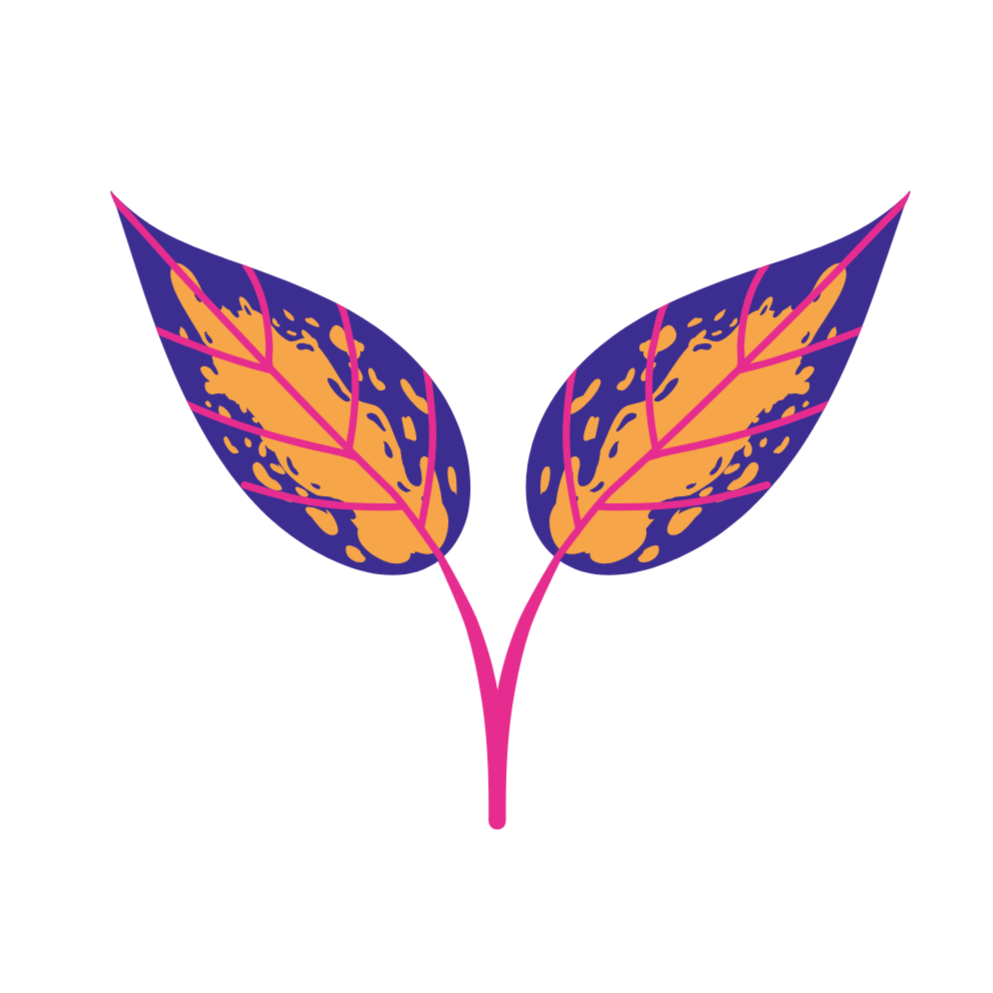 Stylized illustration of a plant with two leaves, featuring purple, orange, and pink colors on a black background.
