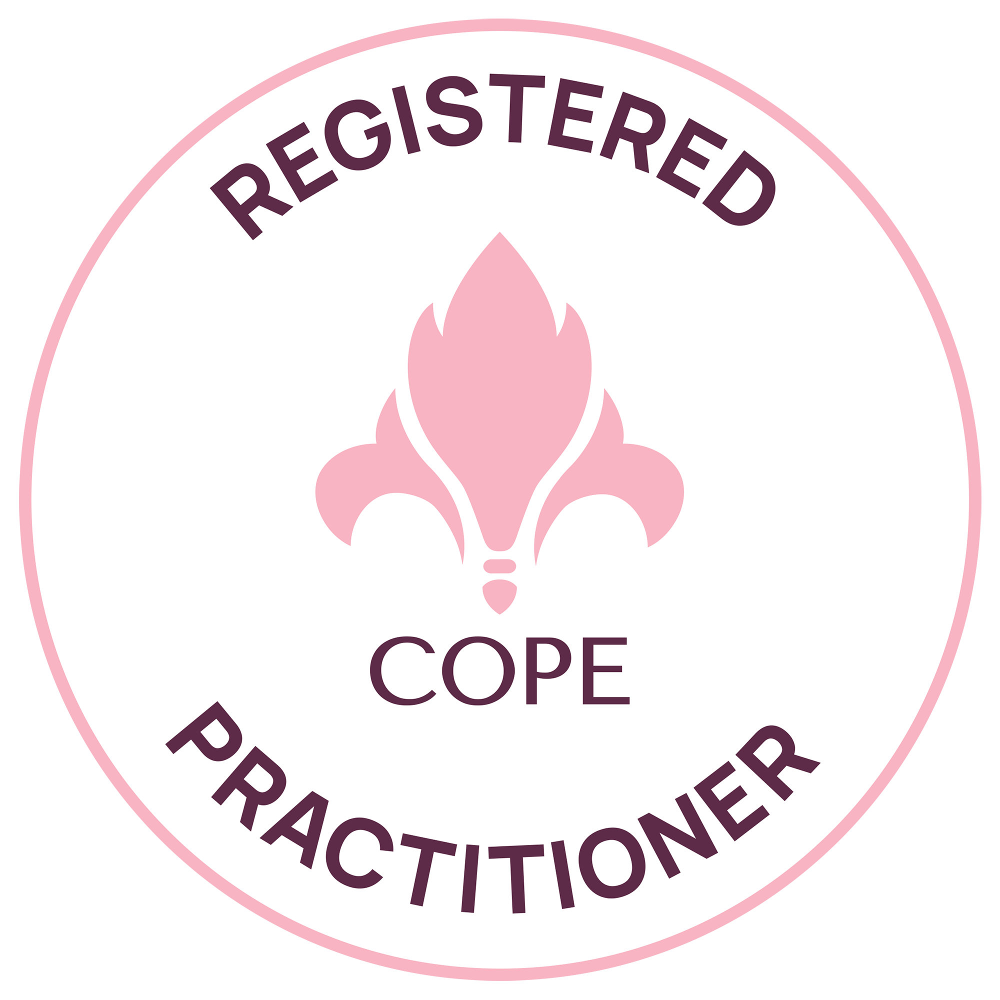 Pink and white register badge with a fleur-de-lis symbol, stating 'Registered Practitioner' and 'COPE'.