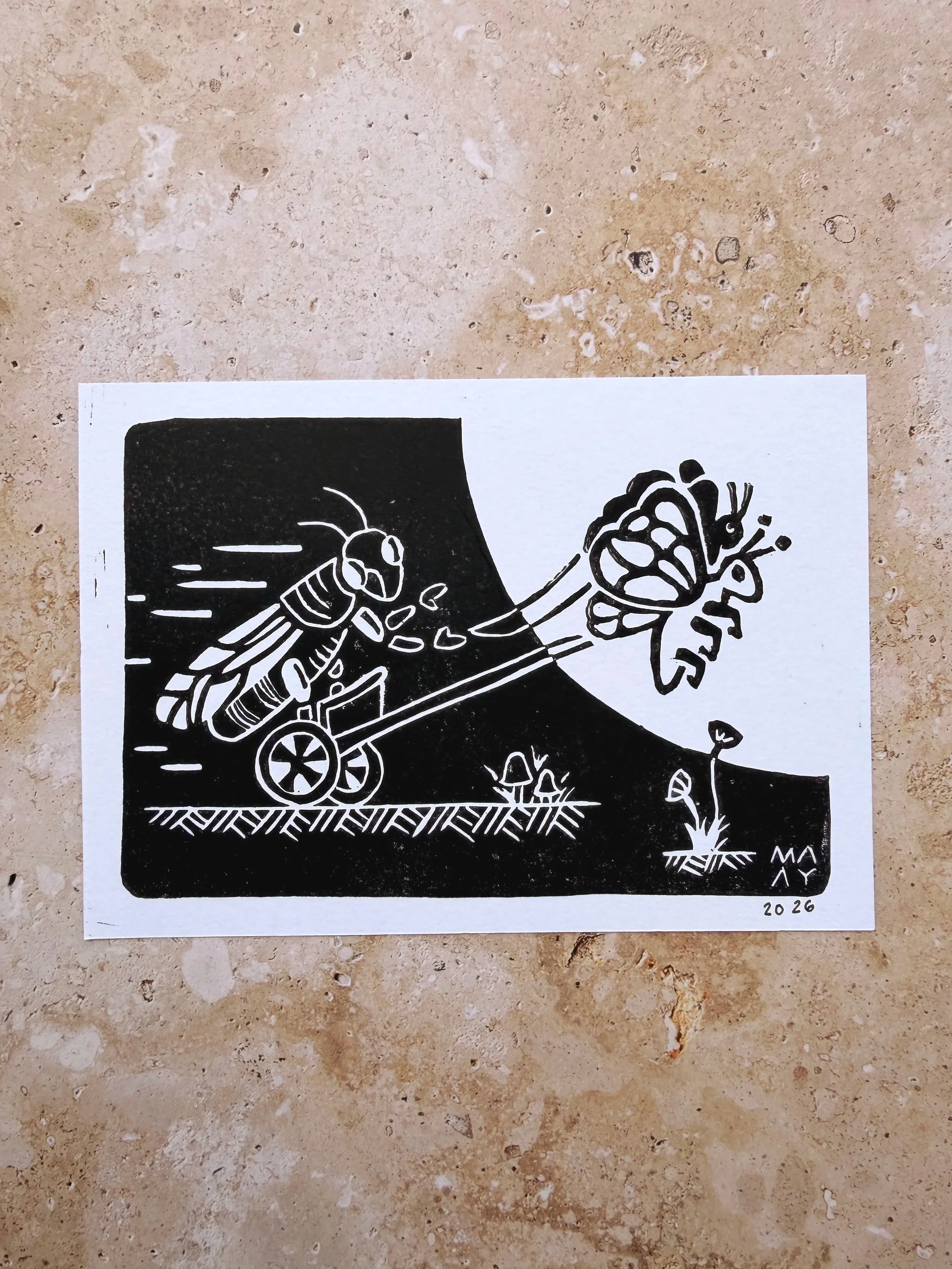 A grasshopper on a chariot being led by two butterflies. Spain, 2026