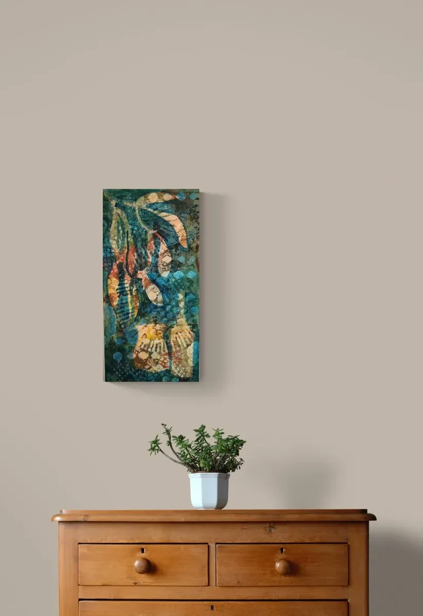 Tall textured Acrylic painting 'Pottery and leaves'.