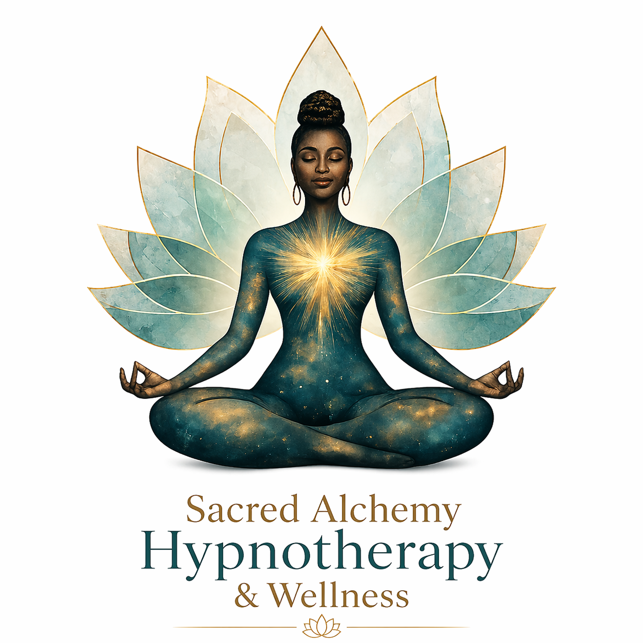 A woman meditating in a cross-legged position, with a glowing light at her chest, surrounded by large lotus petals, evoking a spiritual and wellness theme.