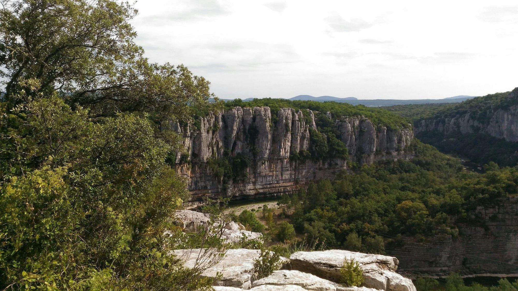 Paysage de falaises rocheuses entourées d'une forêt verte dense, vue sur une vallée et un ciel nuageux.