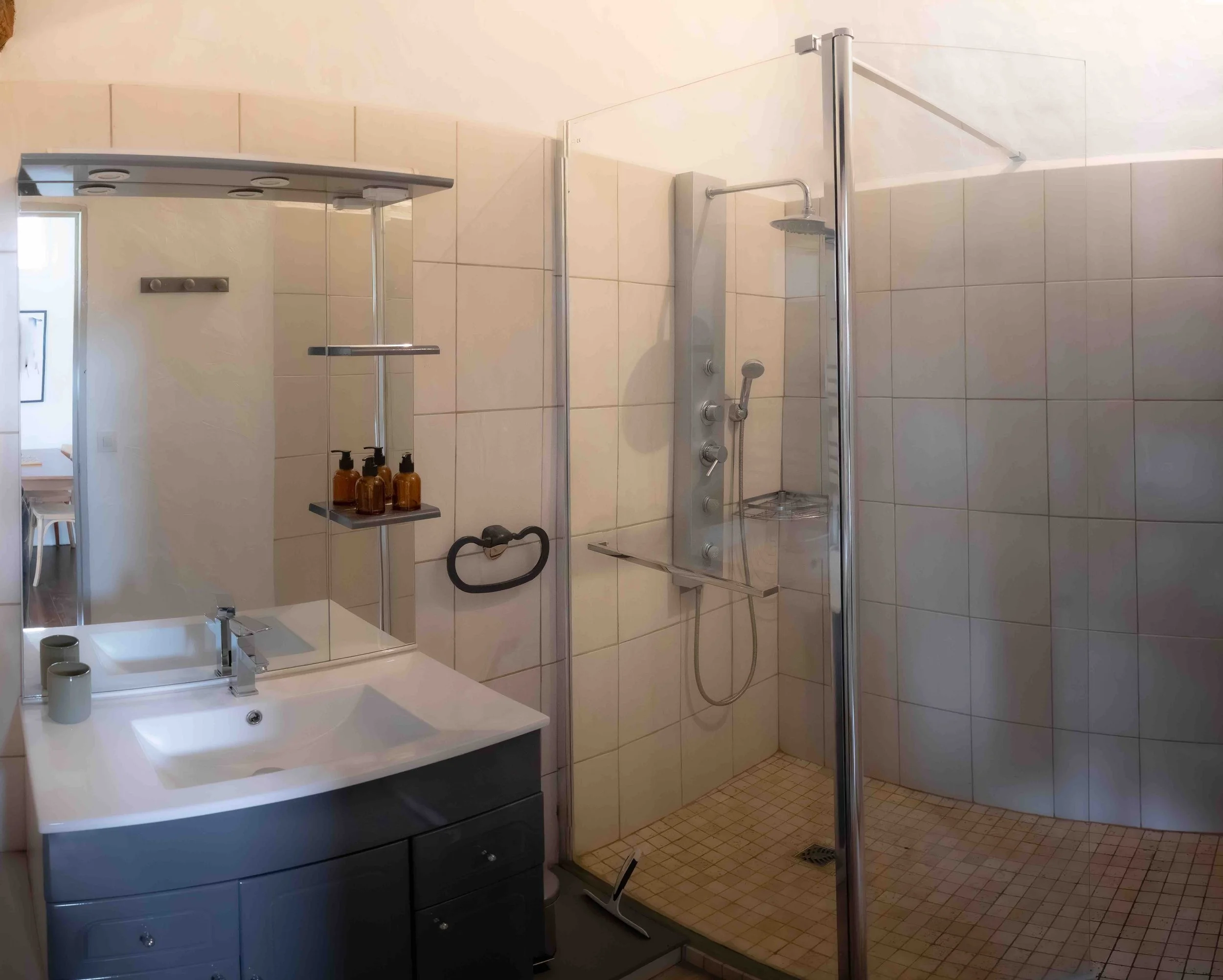 Salle de bain, équipé d'un chauffe serviette, sèche cheveux, shampoing et gel douche, trousse de premiers secours, serviettes de bain fournie.