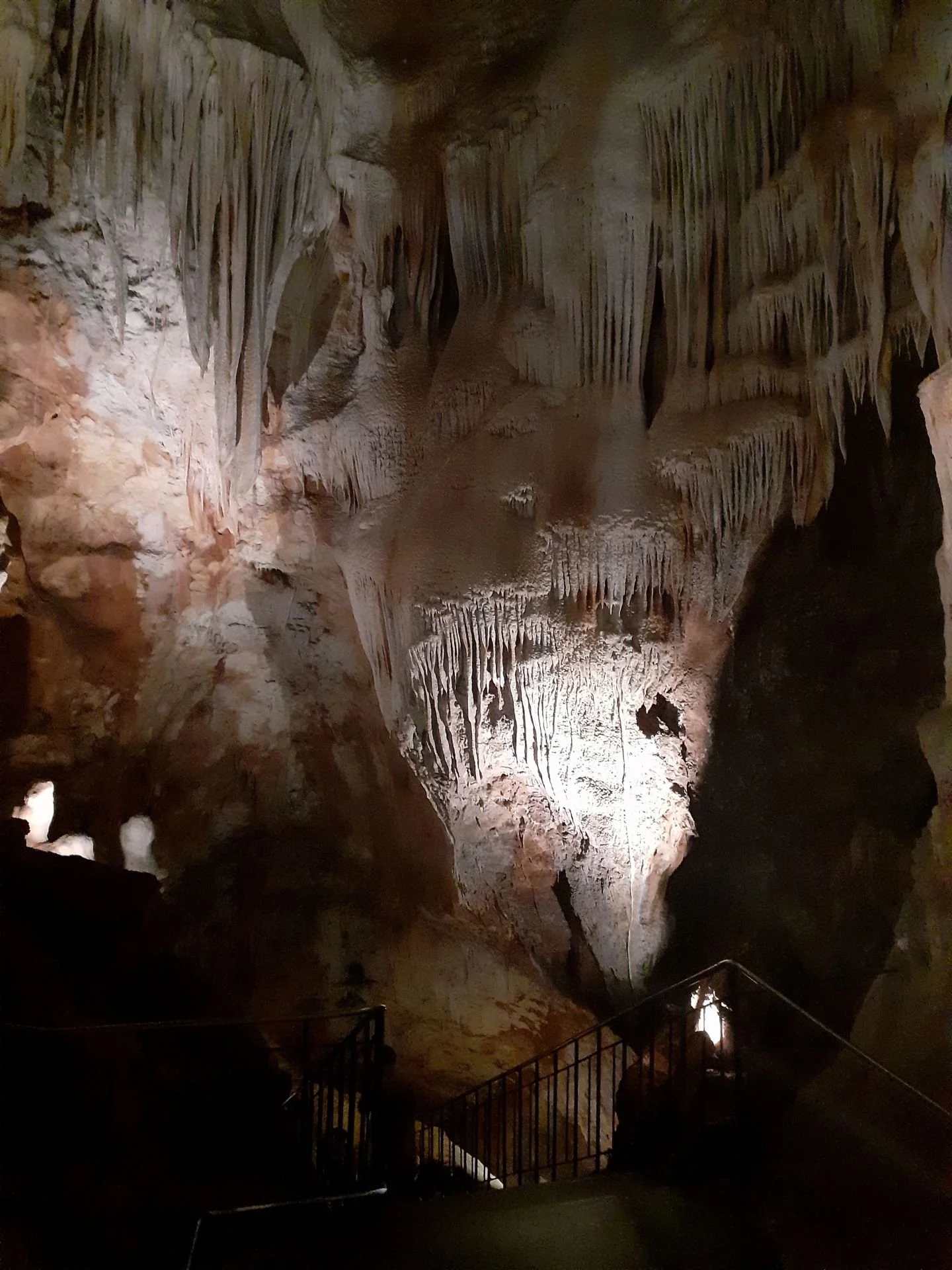 Une grotte avec des formations de stalactites et stalagmites éclairées à l'intérieur.
