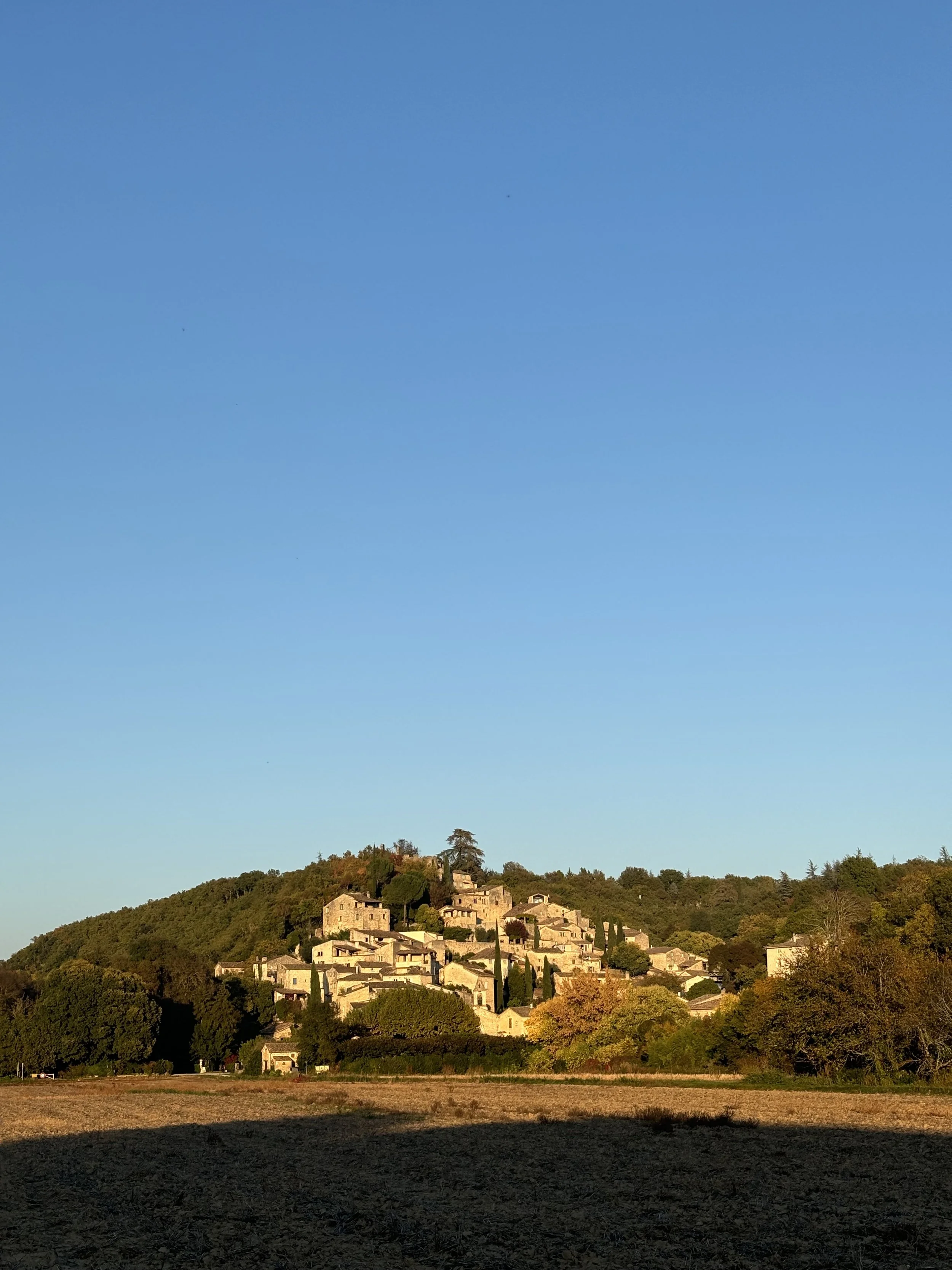 Un village perché sur une colline en Provence, avec des maisons en pierre éclairées par le soleil et entourées de verdure, sous un ciel bleu clair.