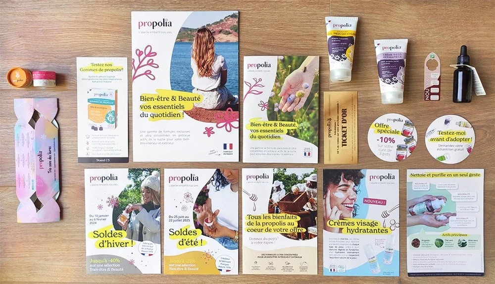 Aperçu outils de communication imprimés divers (plaquette, dépliant, goodies) & packagings