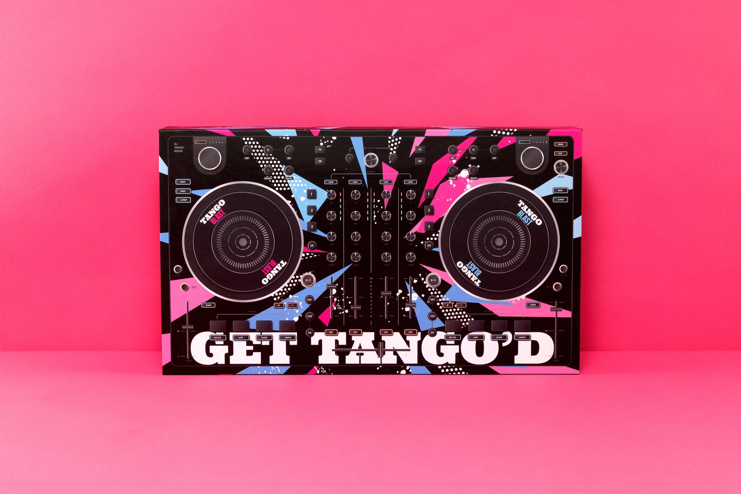 A DJ mixer and turntable set against a pink background with 'GET TANGO' in large white letters at the bottom.