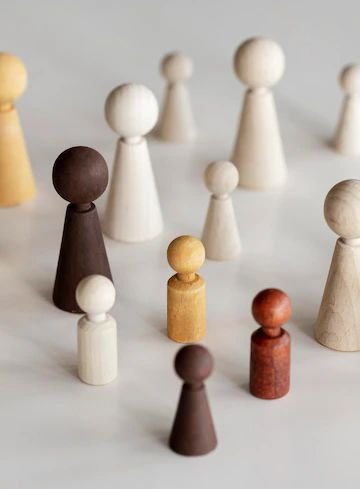 Houten schaakstukken in verschillende kleuren en formaten op een witte achtergrond.