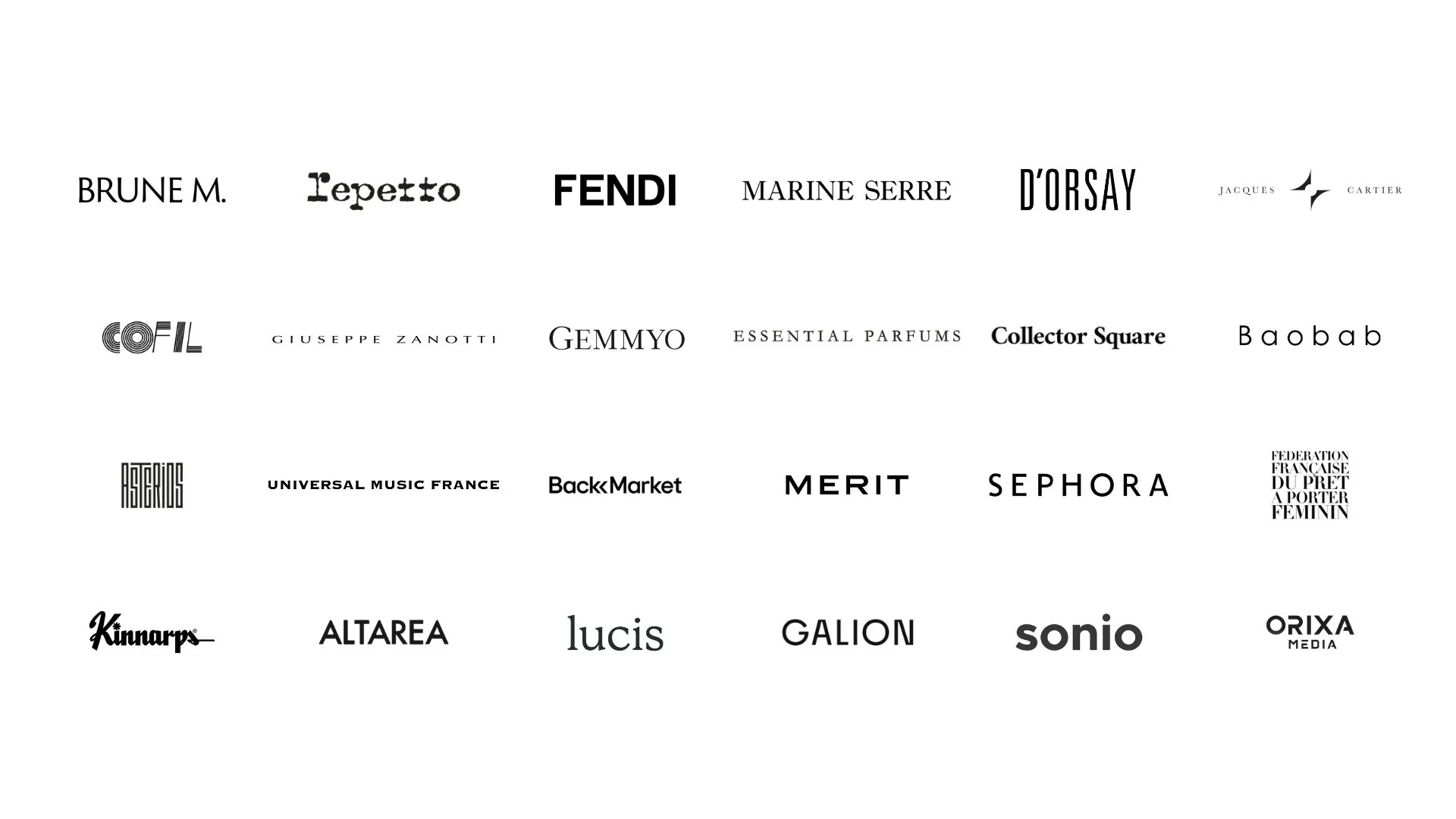 Une collection de logos de différentes marques et entreprises disposés en plusieurs rangées sur un fond blanc. Fendu Repetto Marine Serre D'Orsay Galion Lucis Jacques Cartier Baobab Asterios Kinnarps Universal Music