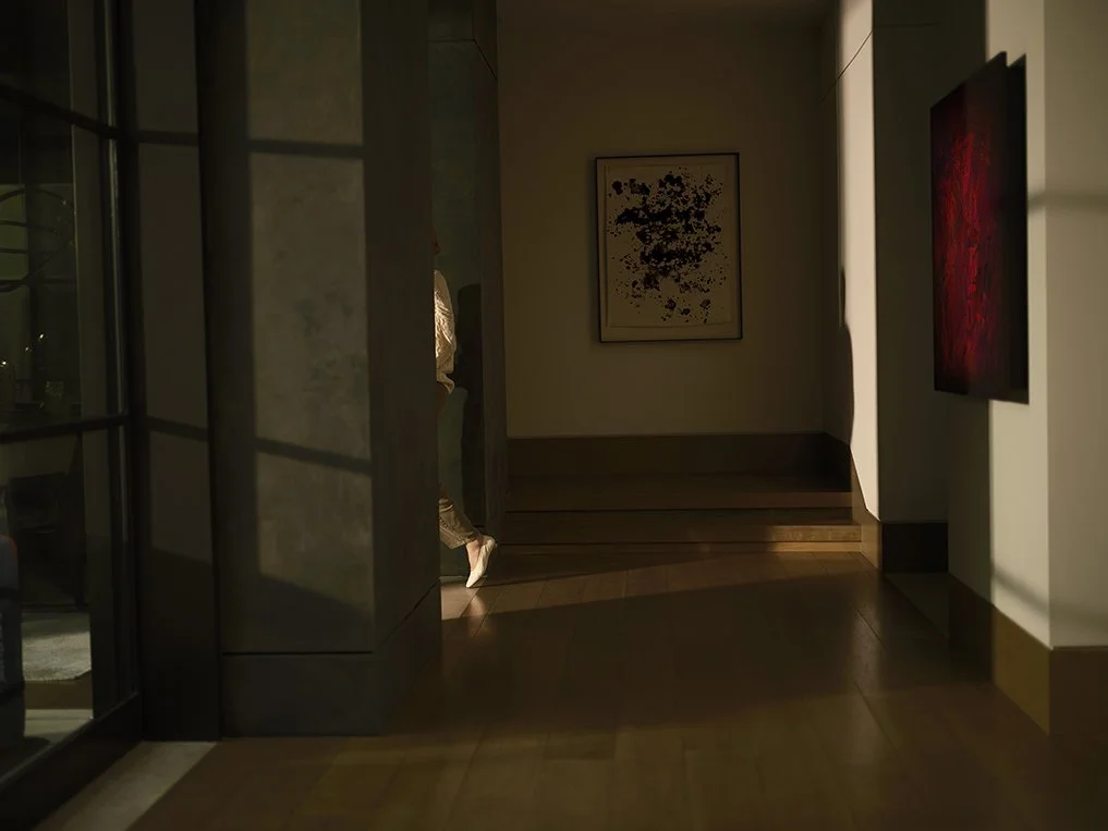 An art gallery with two paintings on the wall and a person walking up the steps, with sunlight casting shadows.