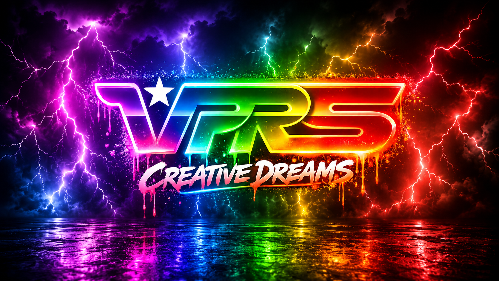 Neon-colored logo for VRS Creative Dreams with a rainbow gradient, lightning, and a stormy sky in the background.