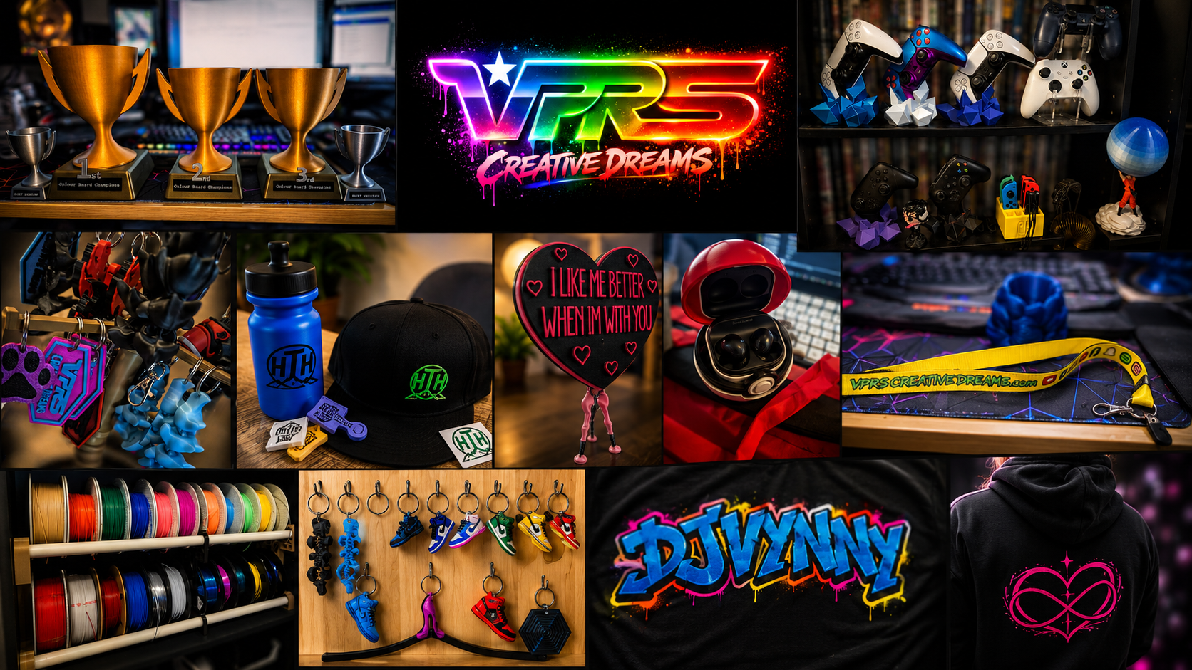 Collection of gaming, sneaker, and customization merchandise including trophies, gaming controllers, sneakers, keychains, headphones, jewelry, apparel, and accessories, with vibrant logos and neon signs related to gaming and creative dreams.