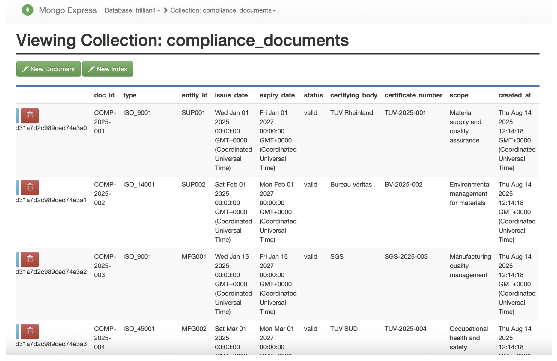 MongoDB Document Examples. Mongo Express view, showing sample documents.