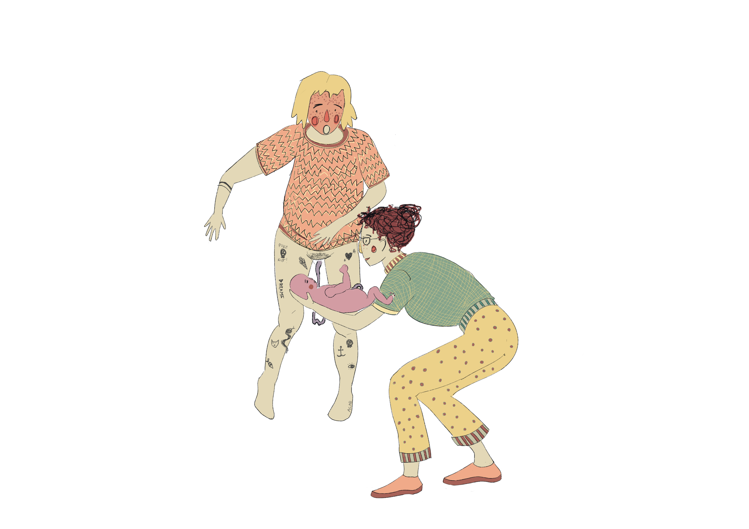 Die Illustration zeigt eine Person im Geburtsvorgang und eine Hebamme, die Geburtshilfe leistet. Beide Personen haben Tattoos. Die Hebamme, die lockere Kleidung mit lustigen Mustern trägt, hält das Neugeborene in den Armen.