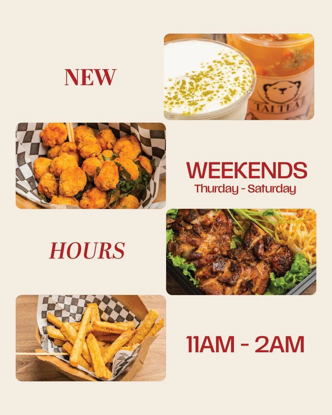Your late night cravings just got a little easier 👀🧋🍗
we&rsquo;ll be open 11AM&ndash;2AM, Thursday through Saturday! 🌙
Whether you&rsquo;re grabbing boba after class or getting late night food with friends... we got you. 😋