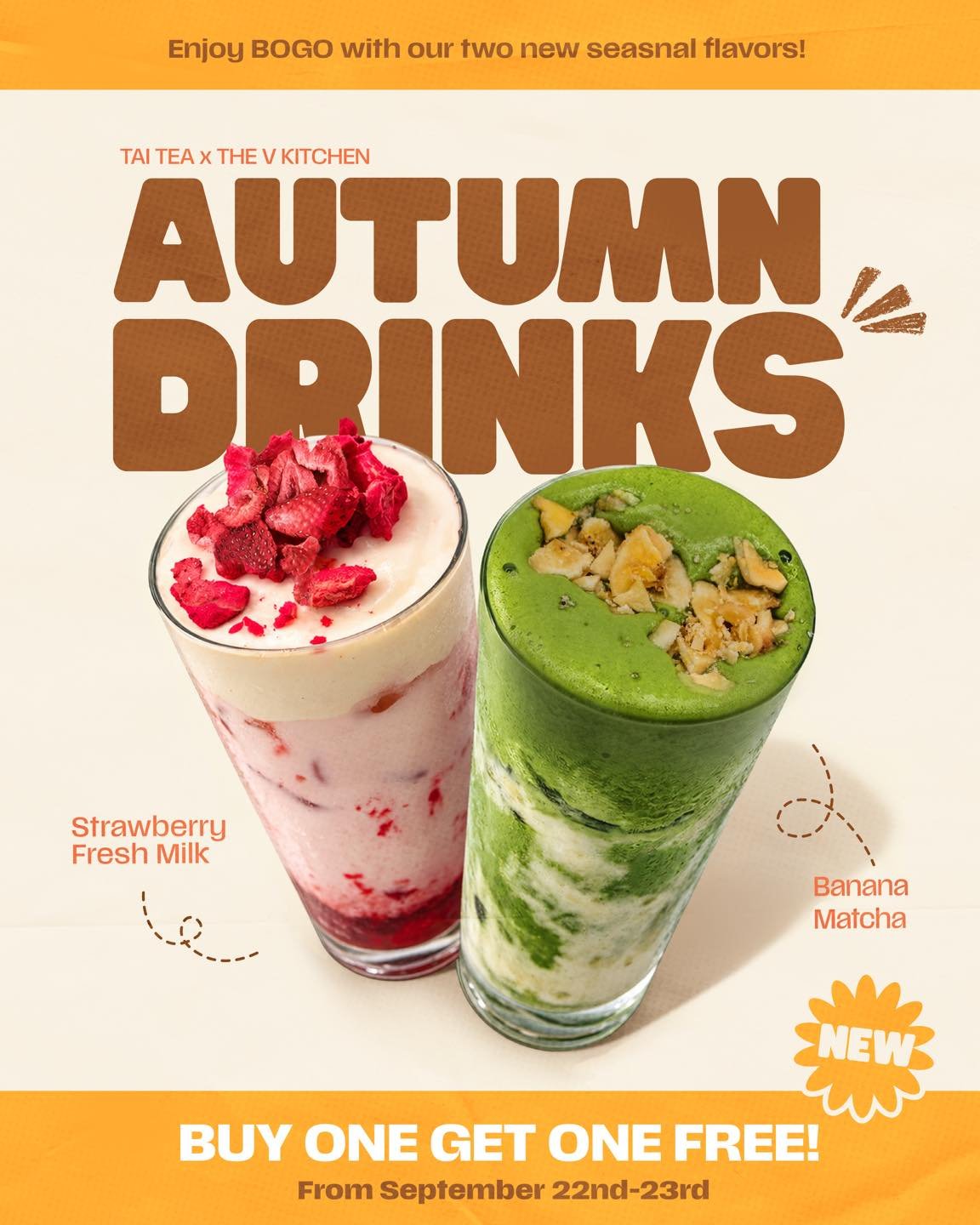 🍓🍌Two new flavors. Twice the reason to stop
by. 🧋

Our Strawberry Fresh Milk &amp; Banana Matcha are here for the fall season! Try something new and BUY ONE, GET ONE FREE for September 22nd-23rd! 👀

#OCfoodies #vietnamesefusion #thevkitchen #Anah
