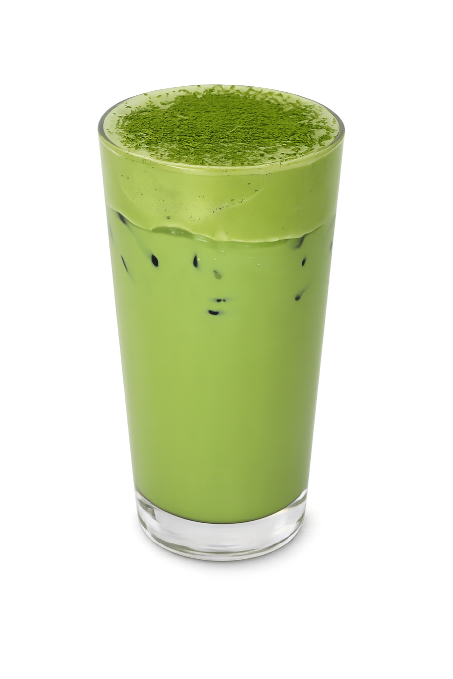 A tall glass of green matcha latte with ice cubes and matcha powder sprinkled on top.