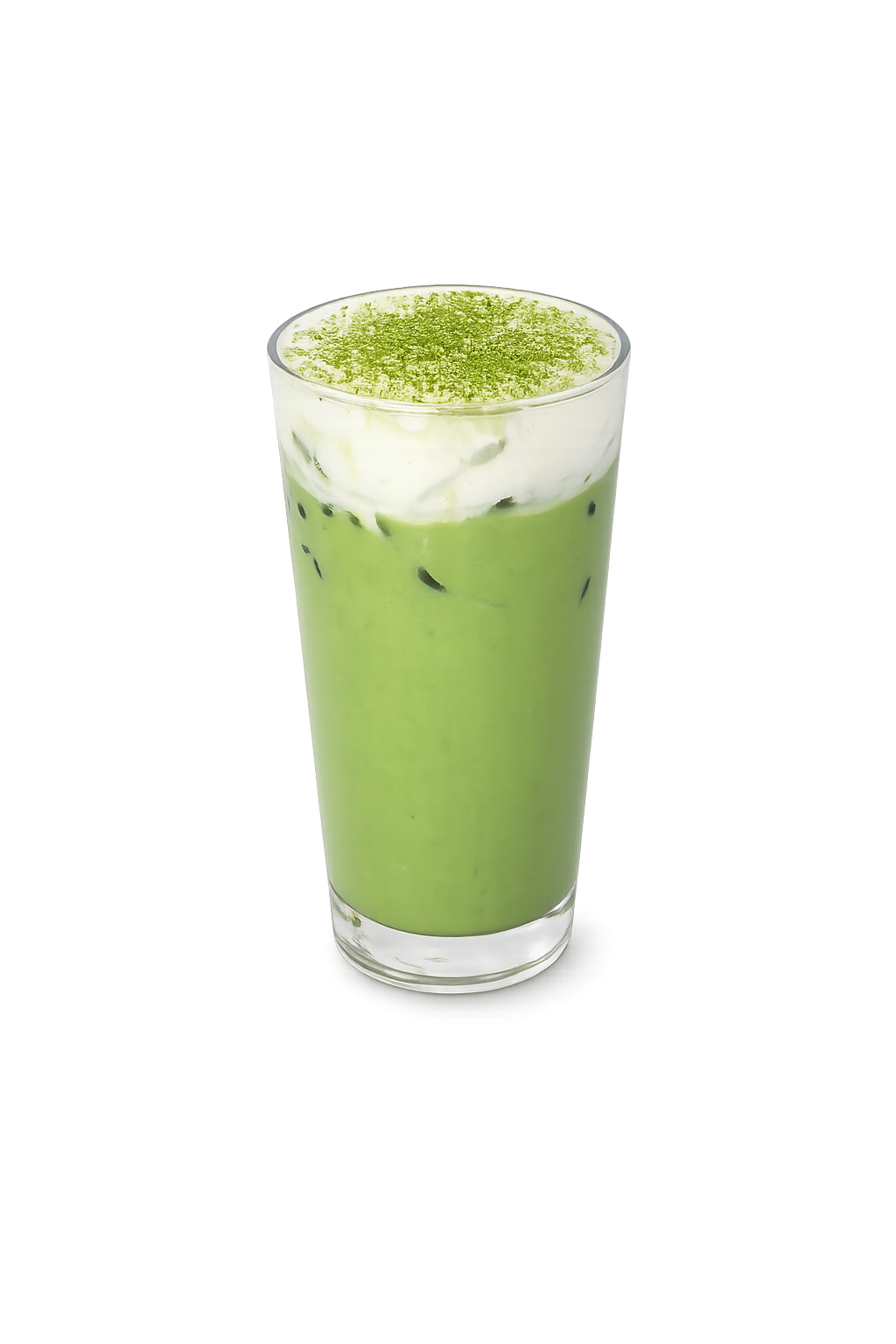 A tall glass of matcha latte with whipped cream and matcha powder on top, with a background of vibrant purple and blue light streaks.