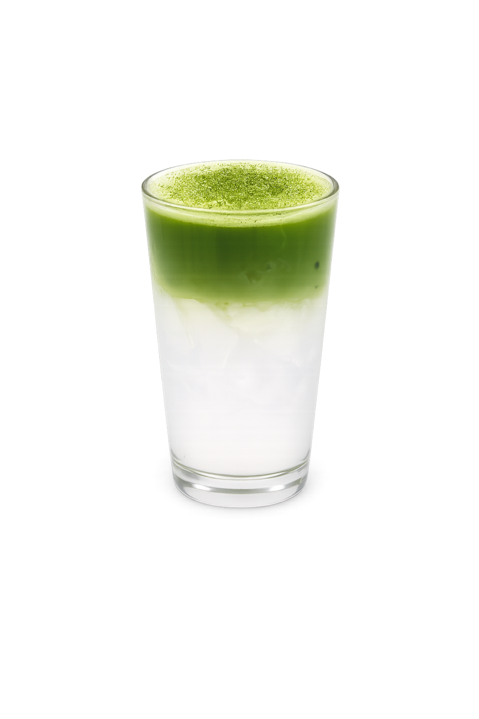 A glass of matcha latte, layered with green matcha powder and frothy white milk.