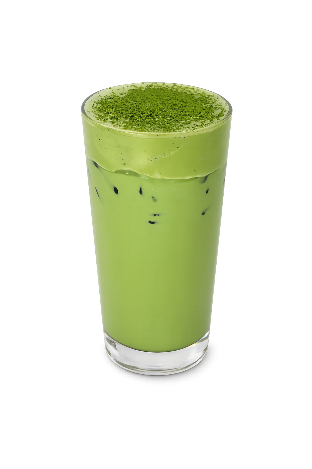 A tall glass of matcha latte with ice, topped with matcha powder, against a dark background with purple lights.