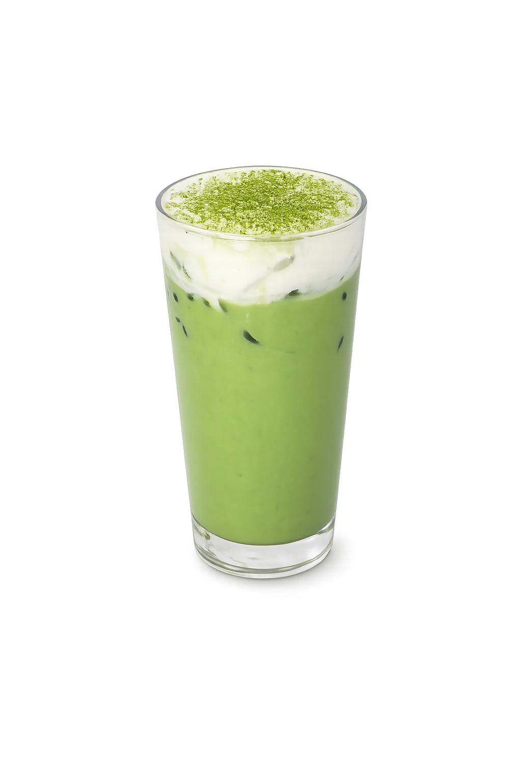 A tall glass of iced matcha latte with whipped cream and matcha powder on top.