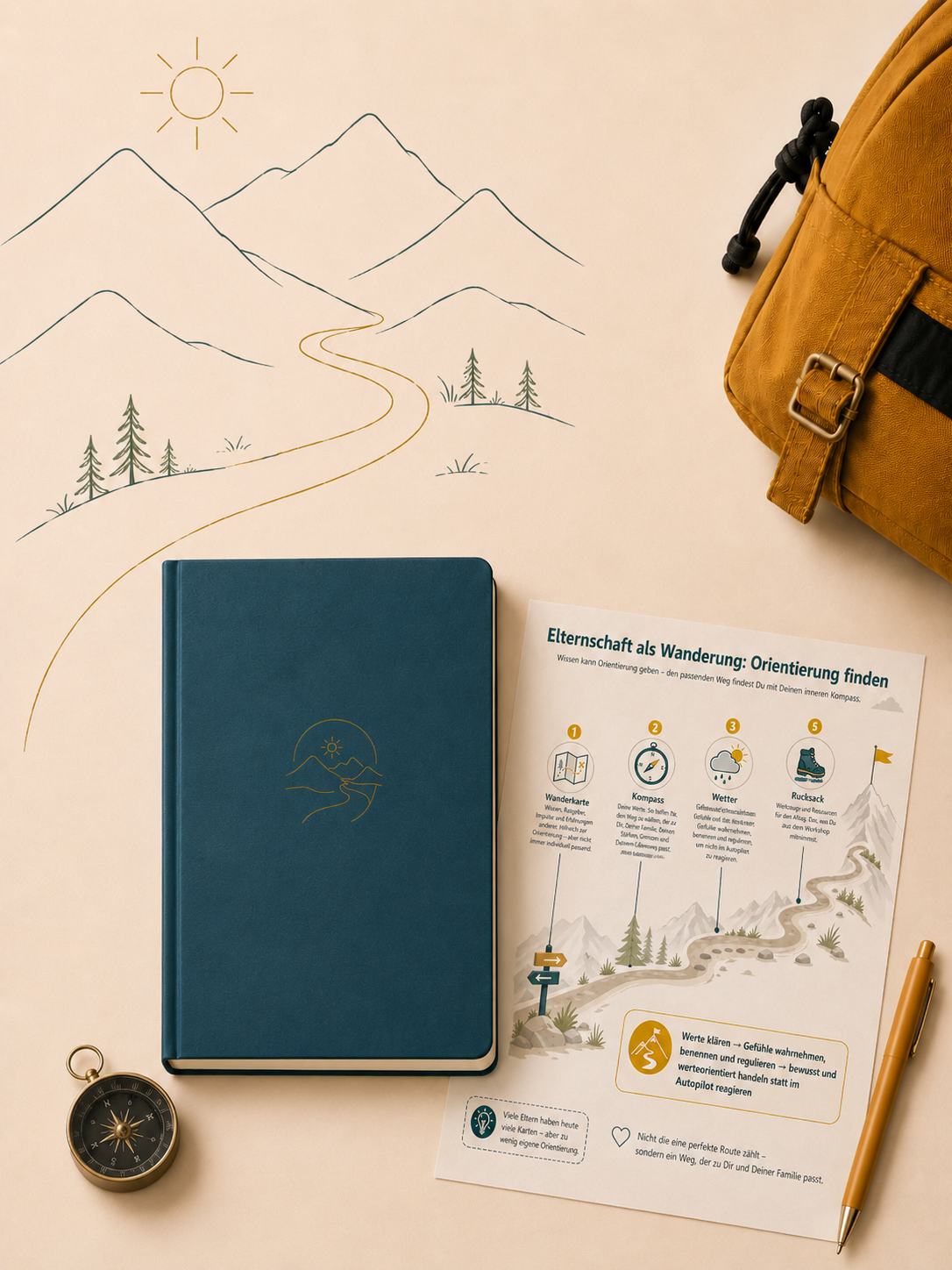 Symbolisches Workshopbild mit Notizbuch, Kompass, Rucksack und Wandermetapher zur emotionalen Kompetenz in der Elternschaft